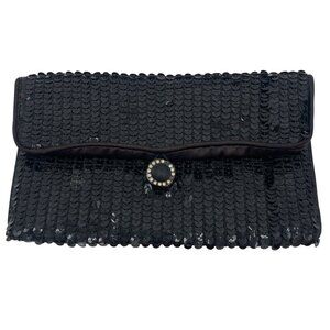 Vintage Norell Black Sequin Clutch Purse With Rhinestone Button Closure & Satin